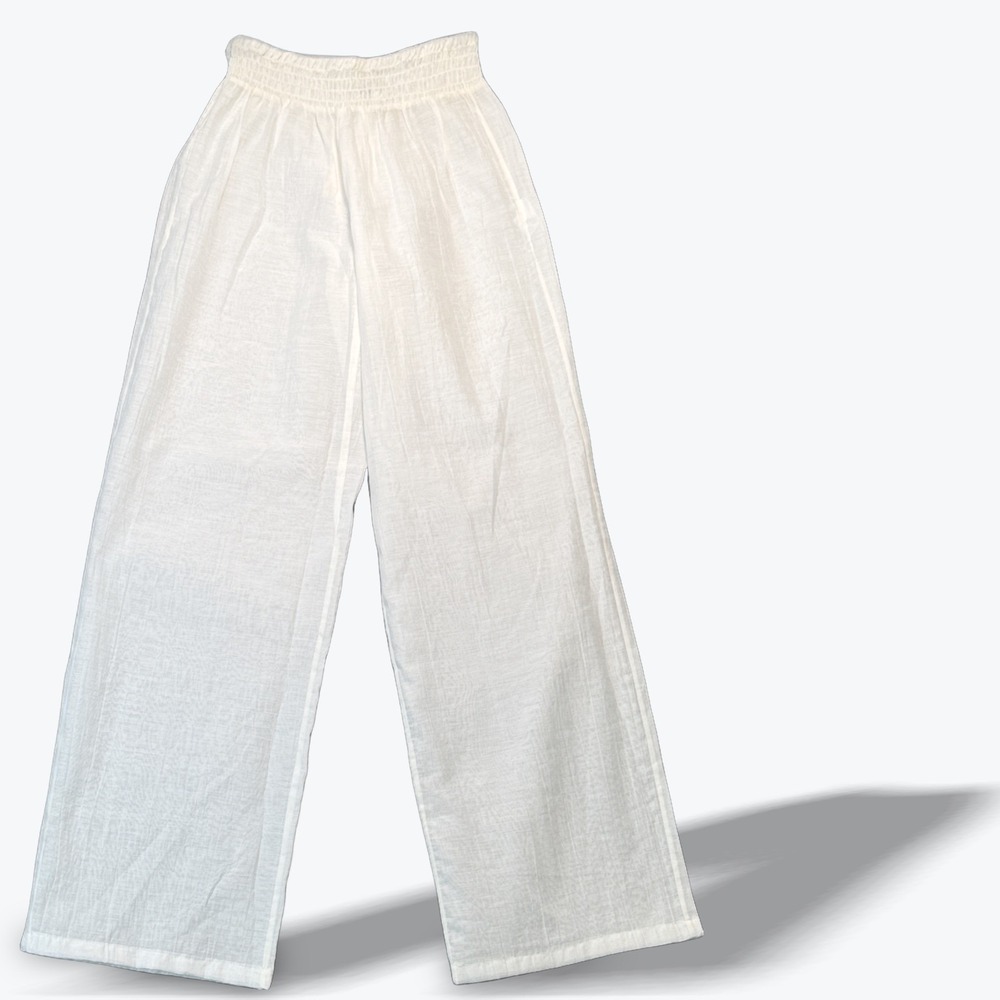 Cotton Gauze Wide Leg White Pants Crinkle Coastal Beach - Picture 4 of 9